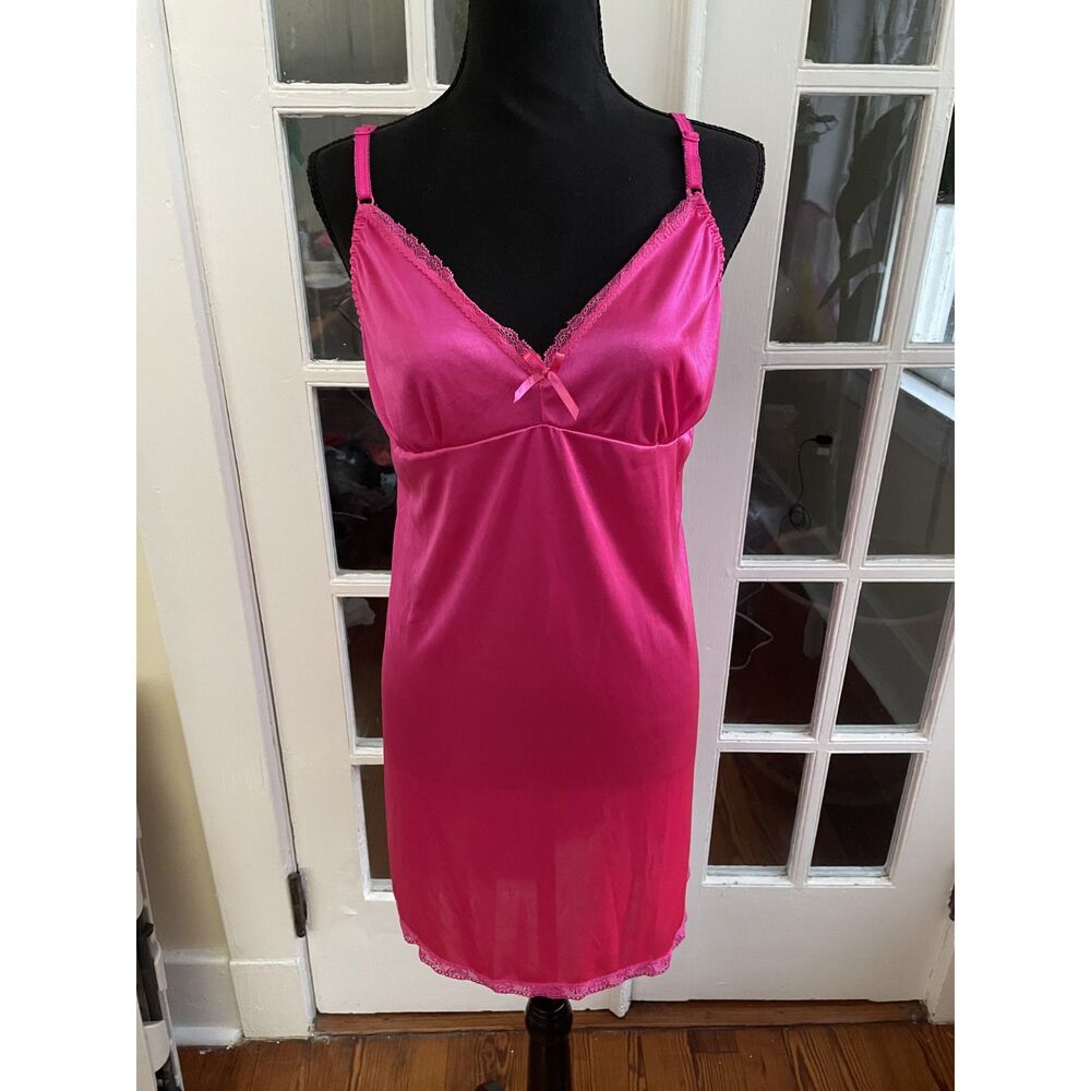 Vintage Y2K Tracy Hot Pink Satin Lace Trim Slip Dress Chemise - XL